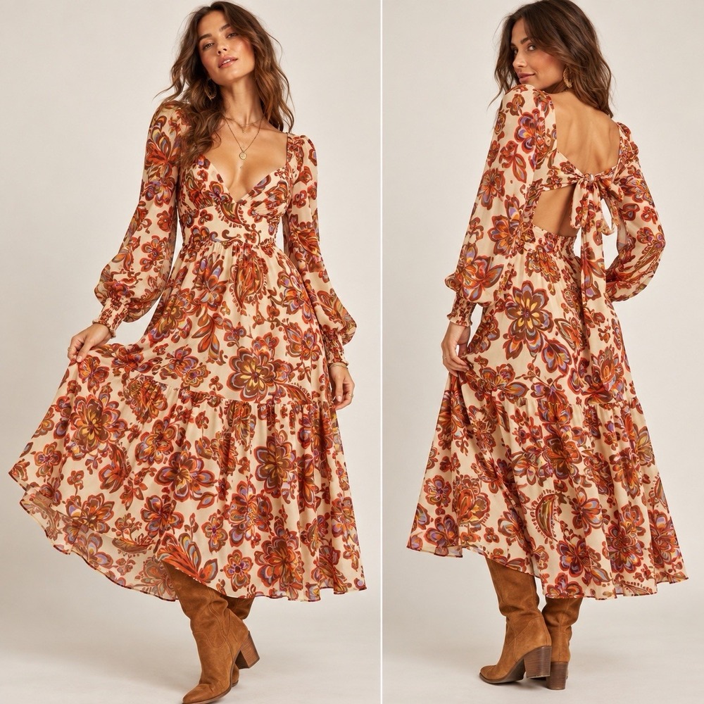 Jessica Simpson V-Neck Floral Maxi Dress XS Cottagecore 70's Retro Romantic Boho